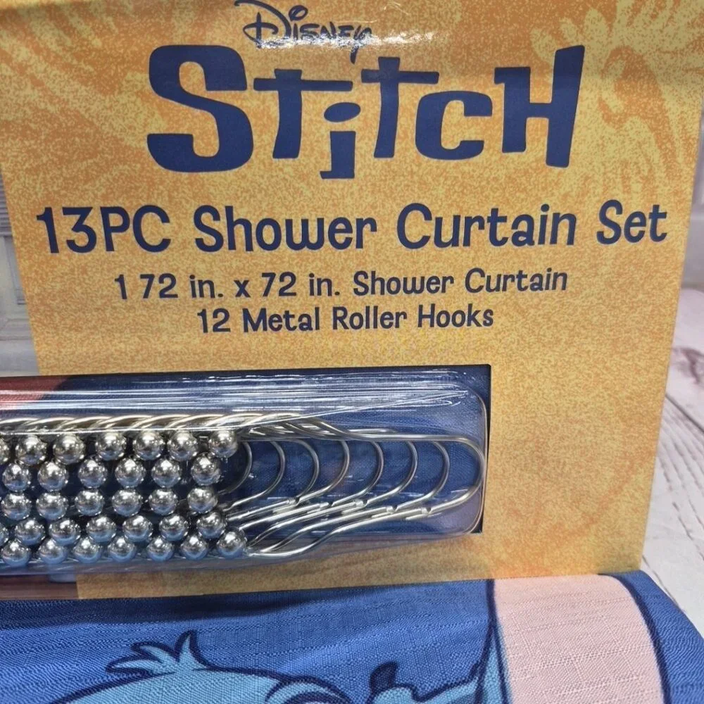 Disney Stitch Shower Curtain Set 72 In‎ X 72 In - 12 Metal Roller Hooks, New